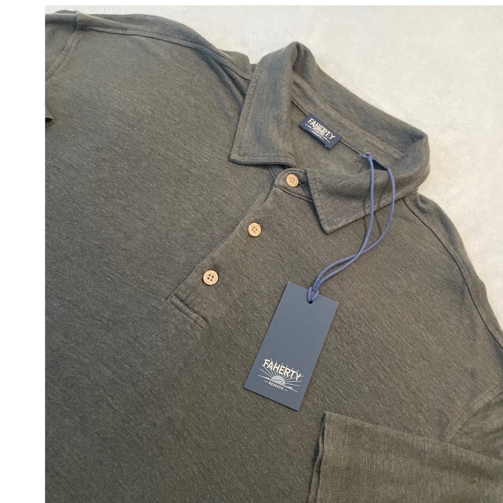 Faherty Reserve SS Linen Polo Shirt Mens Large Charcoal NWT $168 relaxed fit